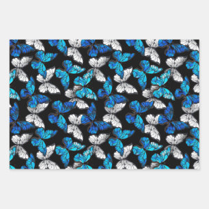 Feuille De Papier Cadeau Motif sans couleur foncée avec papillons bleus Mor