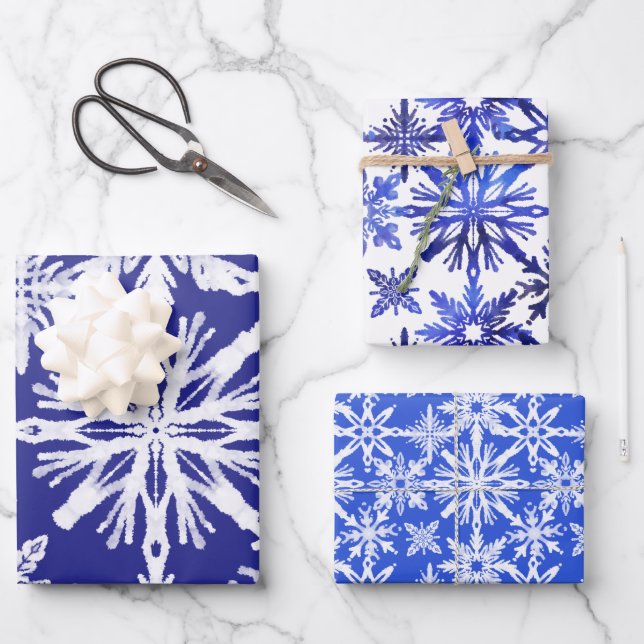 Feuille De Papier Cadeau Motif Shibori Tie Dye Indigo Blue Snowflakes (Recto)
