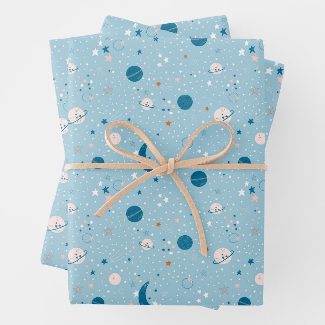 Feuille De Papier Cadeau Motif Sky & Space bleu (En situation)