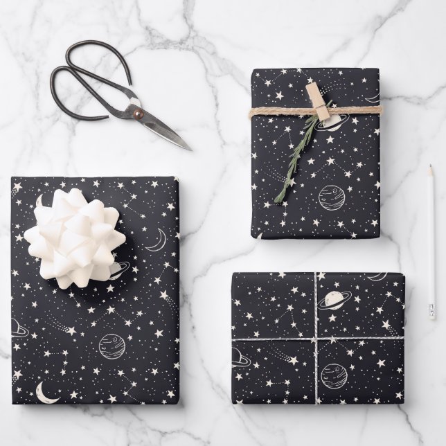 Feuille De Papier Cadeau Motif Stars & Planètes (Recto)