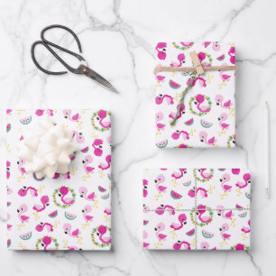 Feuille De Papier Cadeau Motif tropical, Flamants roses, pastèques, Fleurs