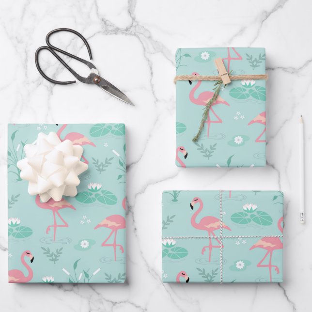 Feuille De Papier Cadeau Motif vert Flamants roses rose Pastel (Recto)