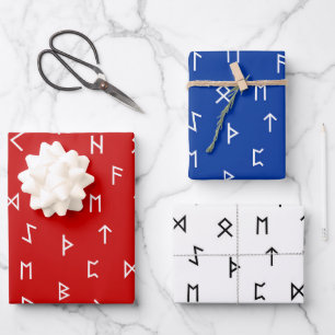 Feuille De Papier Cadeau Motif Viking Runes sur Rouge, Bleu, Blanc Arrière 