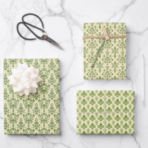 Feuille De Papier Cadeau Motif vintage vert Damas sur beige clair