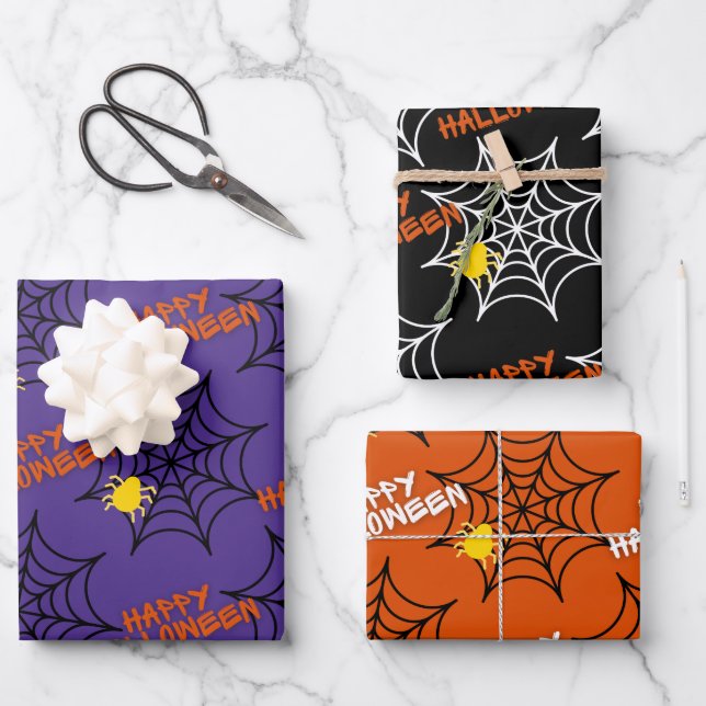 Feuille De Papier Cadeau Motif Web de l'araignée d'Halloween très heureux (Recto)