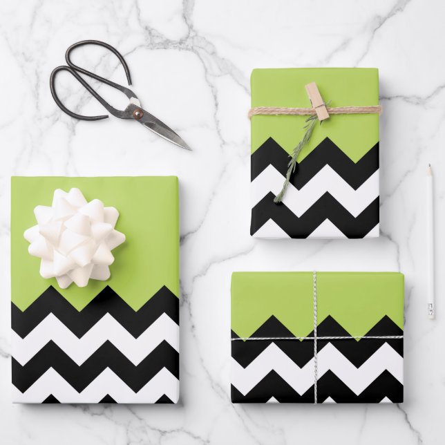 Feuille De Papier Cadeau Motif Zigzag noir et blanc, Chevron, Vert (Recto)