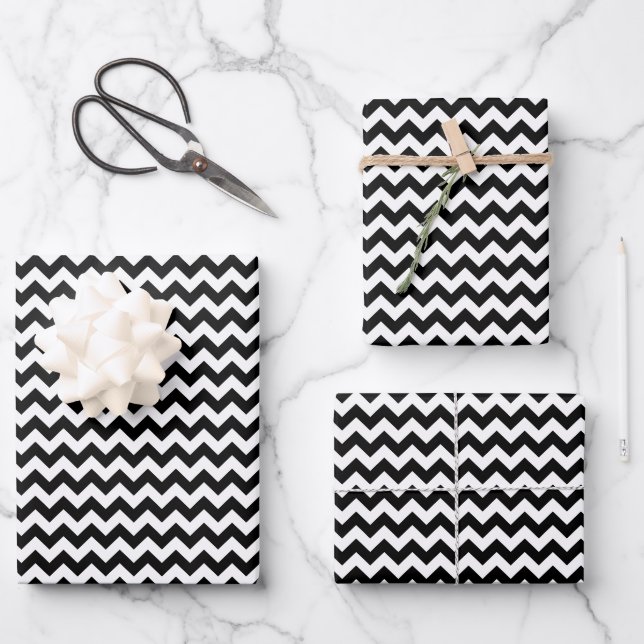 Feuille De Papier Cadeau Motif Zigzag noir et blanc, Motif Chevron (Recto)