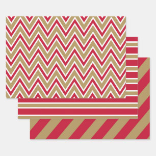 Feuille De Papier Cadeau Motifs à chevrons et rayures rouges, or et blancs