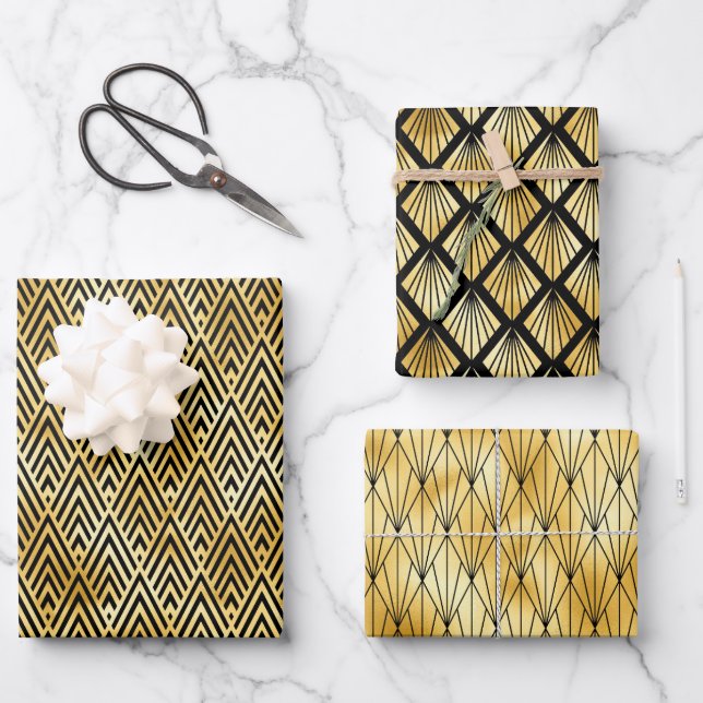 Feuille De Papier Cadeau Motifs Art déco Gold et Black Diamond (Recto)