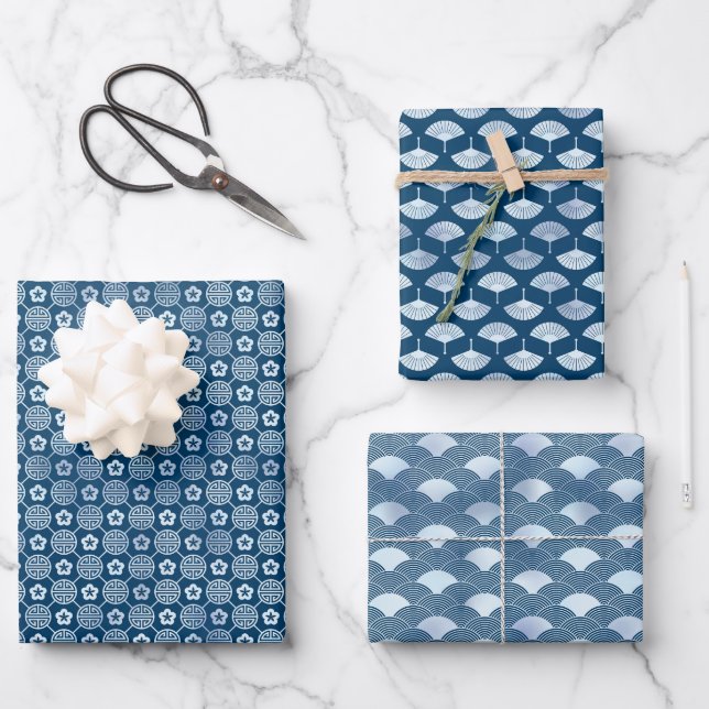 Feuille De Papier Cadeau Motifs bleus sereins : Ventilateurs, Vagues et con (Recto)
