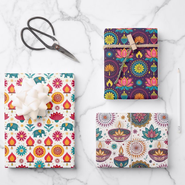Feuille De Papier Cadeau Motifs colorés de Diwali (Recto)