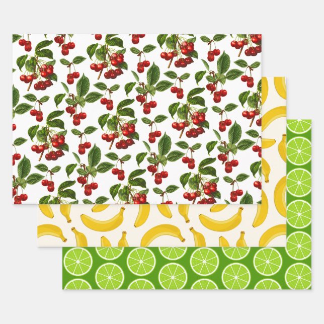Feuille De Papier Cadeau Motifs de fruits, cerises, bananes et tranches de  (Lot)