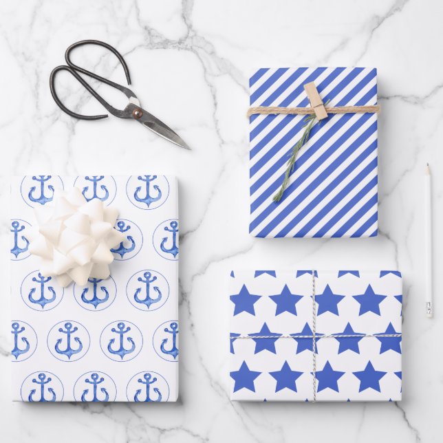 Feuille De Papier Cadeau Motifs de la marine nautique : Ancres, rayures et  (Recto)