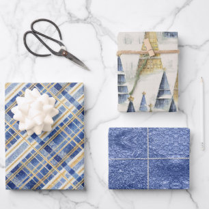 Feuille De Papier Cadeau Motifs de Noël en or bleu #2#8#32 ID1009