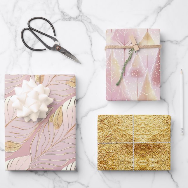 Feuille De Papier Cadeau Motifs de Noël en or rose #13#29#33 ID1009 (Recto)