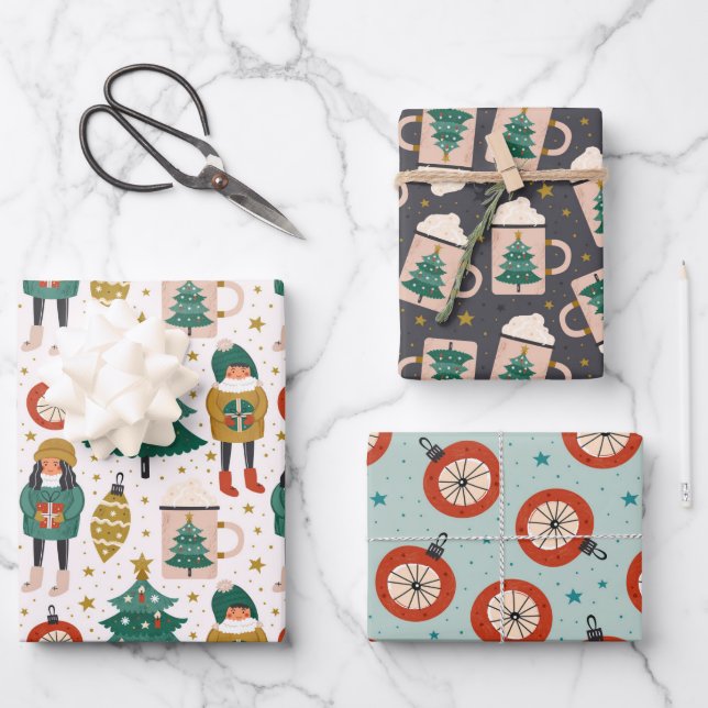 Feuille De Papier Cadeau Motifs de Noël mignons Scandi (Recto)