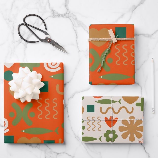 Feuille De Papier Cadeau Motifs de Noël rétro scandinave rouge-orange (Recto)
