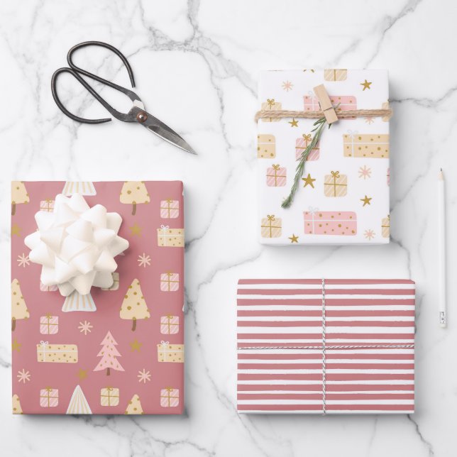 Feuille De Papier Cadeau Motifs de Noël scandinave moderne rose beige (Recto)