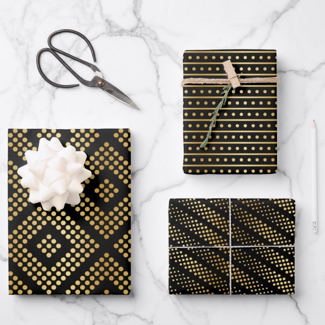 Feuille De Papier Cadeau Motifs de points d'or sur noir dramatique (Recto)