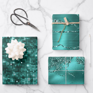 Feuille De Papier Cadeau Motifs d'effet de marbre et de paillettes sarcelle