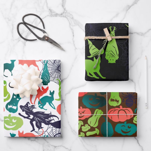Feuille De Papier Cadeau Motifs d'Halloween mélangé ensemble de 3 amusants  (Recto)