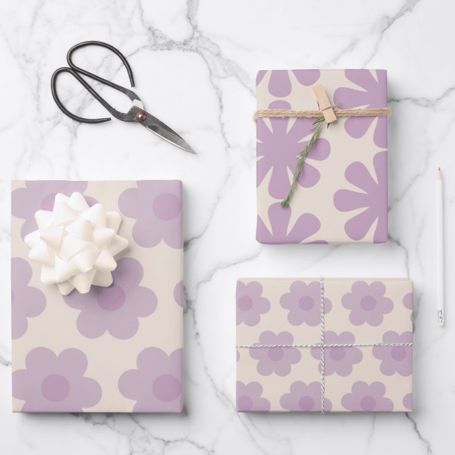 Feuille De Papier Cadeau Motifs Fleurs rétro mignonnes en Pastel Lilac viol (Recto)