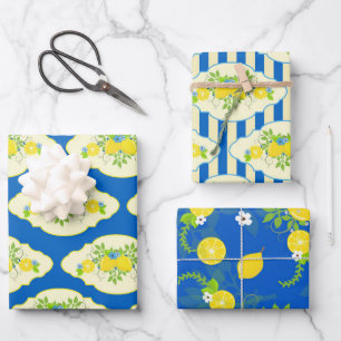 Feuille De Papier Cadeau Motifs floraux citrons bleu et jaune d'été