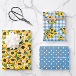 Feuille De Papier Cadeau Motifs floraux de tournesols à pois en vichy bleu