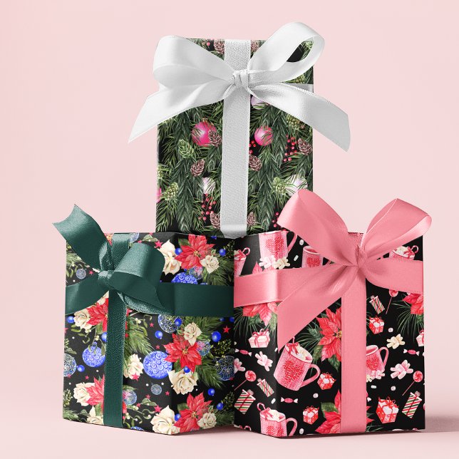 Feuille De Papier Cadeau Motifs floraux festifs de Noël moderne (Créateur téléchargé)
