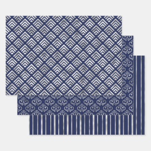 Feuille De Papier Cadeau Motifs géométriques élégants bleu marine et argent
