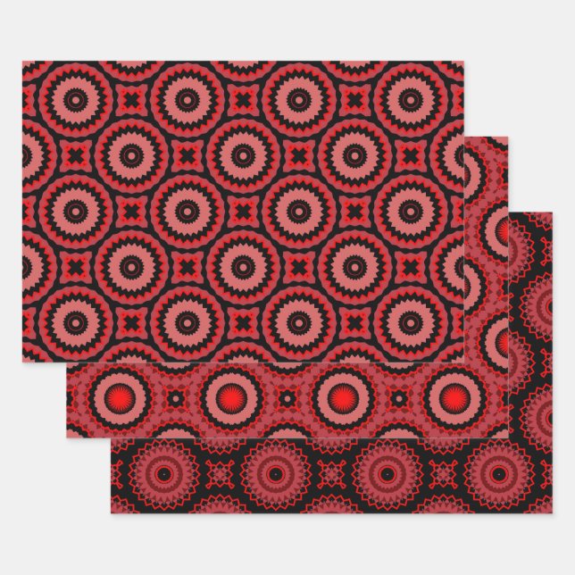 Feuille De Papier Cadeau Motifs géométriques tribus roses-noirs rouges (Lot)