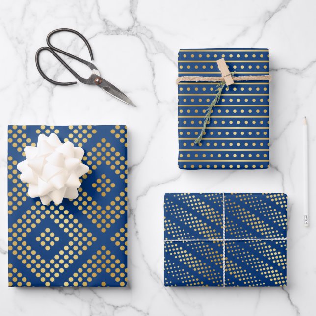 Feuille De Papier Cadeau Motifs Gold Dot sur Royal Blue (Recto)