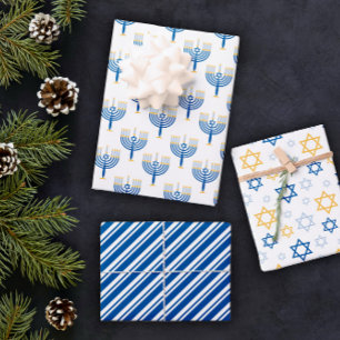 Feuille De Papier Cadeau Motifs Hanoukka mélangés bleu blanc et jaune