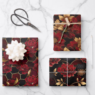 Feuille De Papier Cadeau Motifs Marbrés Floraux Élégants Rouges, Noirs et D