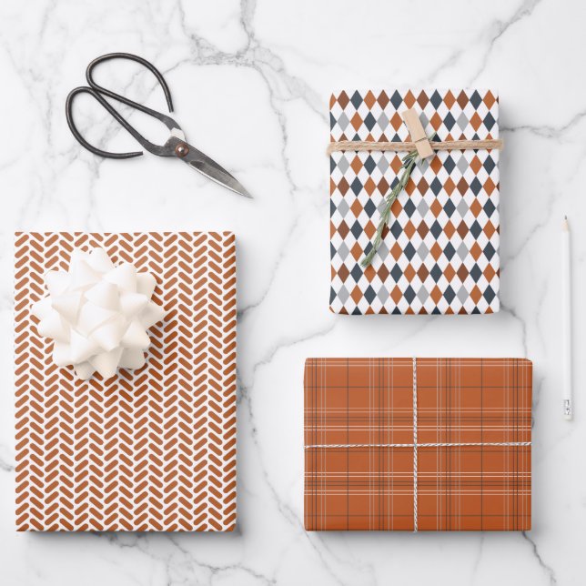 Feuille De Papier Cadeau Motifs mixtes d'orange et de gris brûlés (Recto)