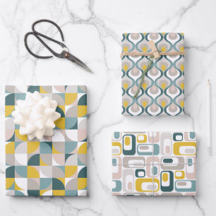 Feuille De Papier Cadeau Motifs RetroMod Aqua Bleu Sarcelle Rose Jaune