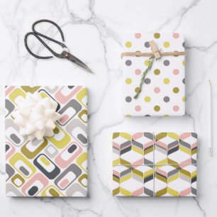 Feuille De Papier Cadeau Motifs RetroMod Jaune Moutarde Rose Gris Taupe 