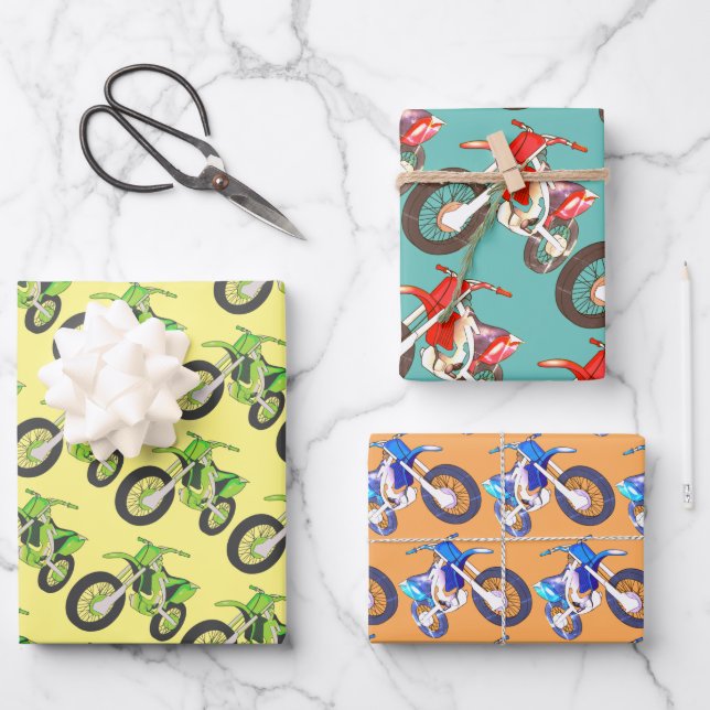 Feuille De Papier Cadeau Moto rétro amusant Vert, Rouge, Blue Dirt Vélos (Recto)
