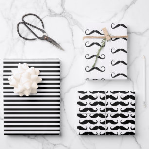 Feuille De Papier Cadeau Moustaches à rayures noires et blanches