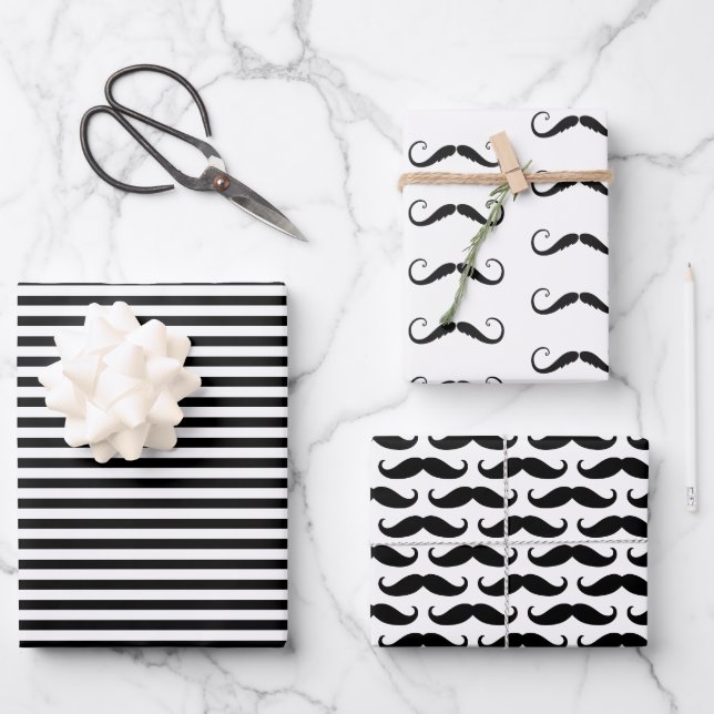 Feuille De Papier Cadeau Moustaches à rayures noires et blanches (Recto)
