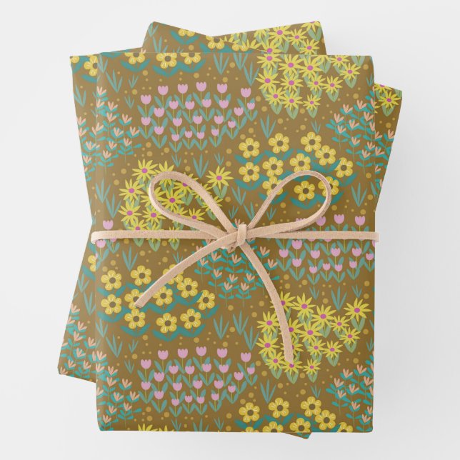 Feuille De Papier Cadeau Moustard de lit Floral (En situation)