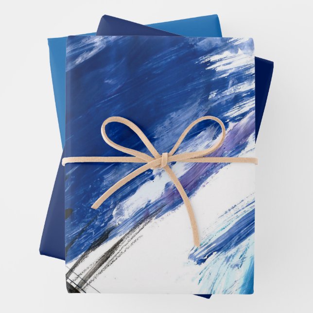 Feuille De Papier Cadeau Moyens mixtes aquarelle bleu abstrait artistique (En situation)