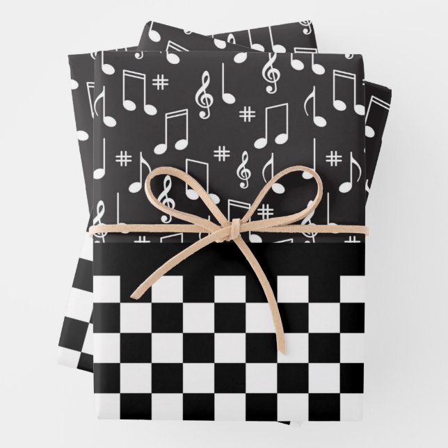 Feuille De Papier Cadeau Musique et damier noir et blanc (En situation)