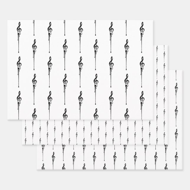 Feuille De Papier Cadeau Musique Motif Melting Treble Clef noir et blanc (Lot)