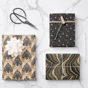 Feuille De Papier Cadeau Mystical Gold Black Stars Marbre Toutes les occasi