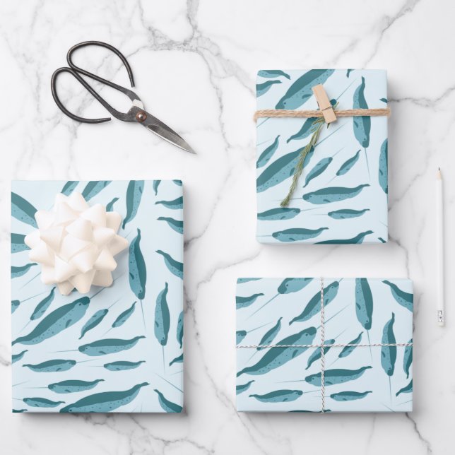 Feuille De Papier Cadeau Narwhal dans le Motif de l'océan bleu (Recto)