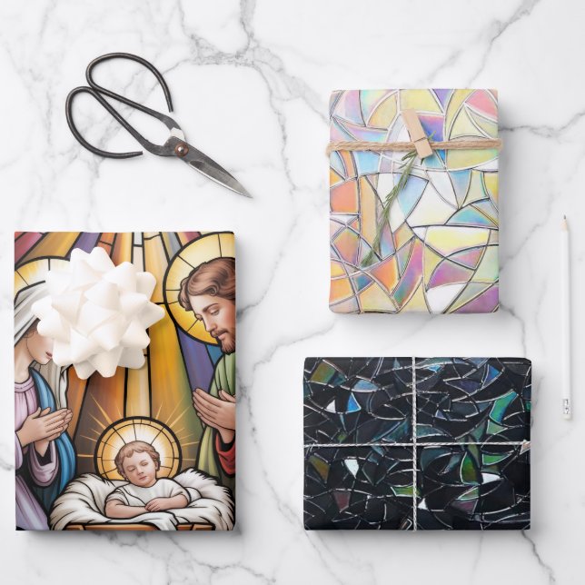 Feuille De Papier Cadeau Nativity Stained Glass Art – Holy Family Christmas (Recto)