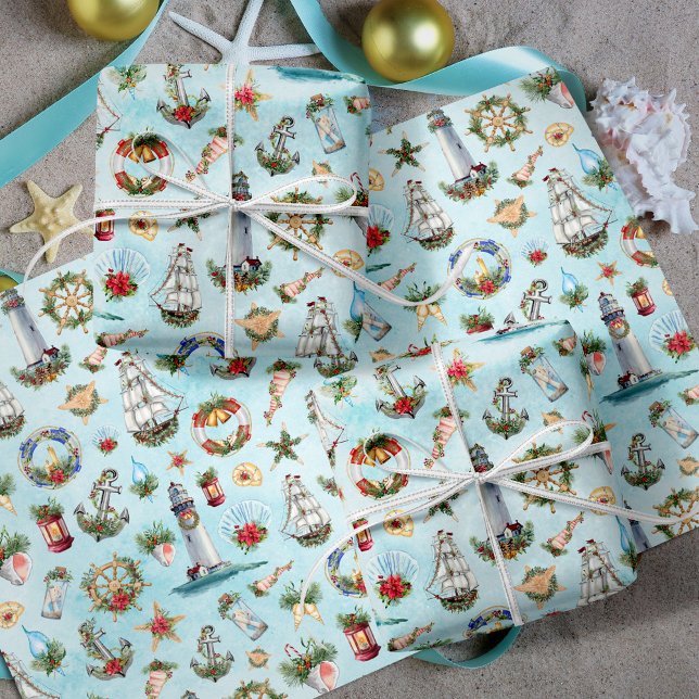 Feuille De Papier Cadeau Nautique de Noël Bateaux à voile Phare Océan (Créateur téléchargé)