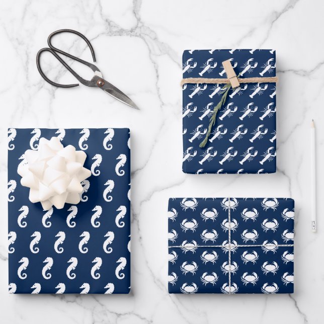 Feuille De Papier Cadeau Nautique Sea Animaux motifs homard crabe hippocamp (Recto)