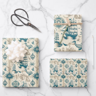 Feuille De Papier Cadeau Navire nautique et motif à thème océanique No18
